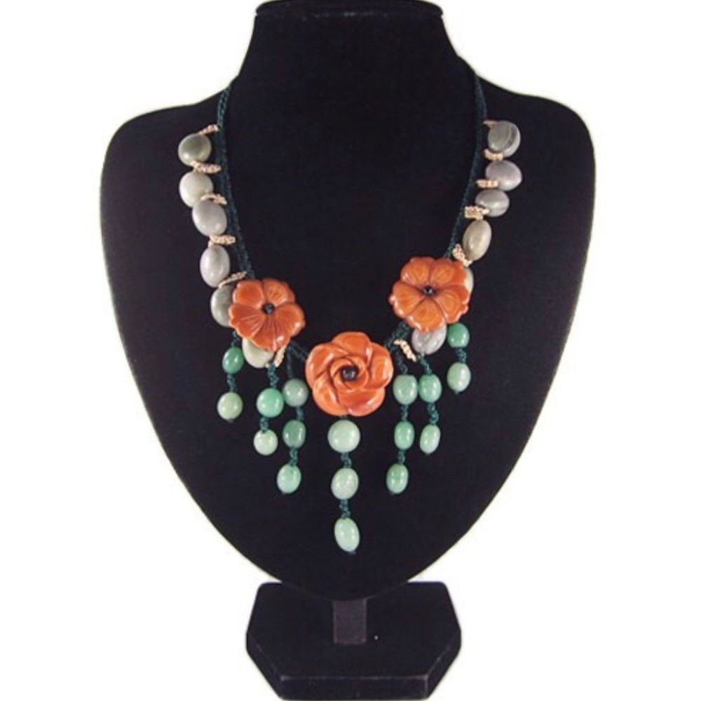New Hand Carved Red Malachite, Rose Statement Necklace